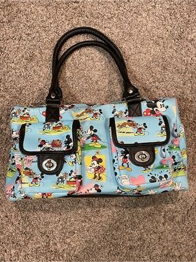 Light Blue Disney Cartoon Print Satchel Shoulder Bag with Black Handles